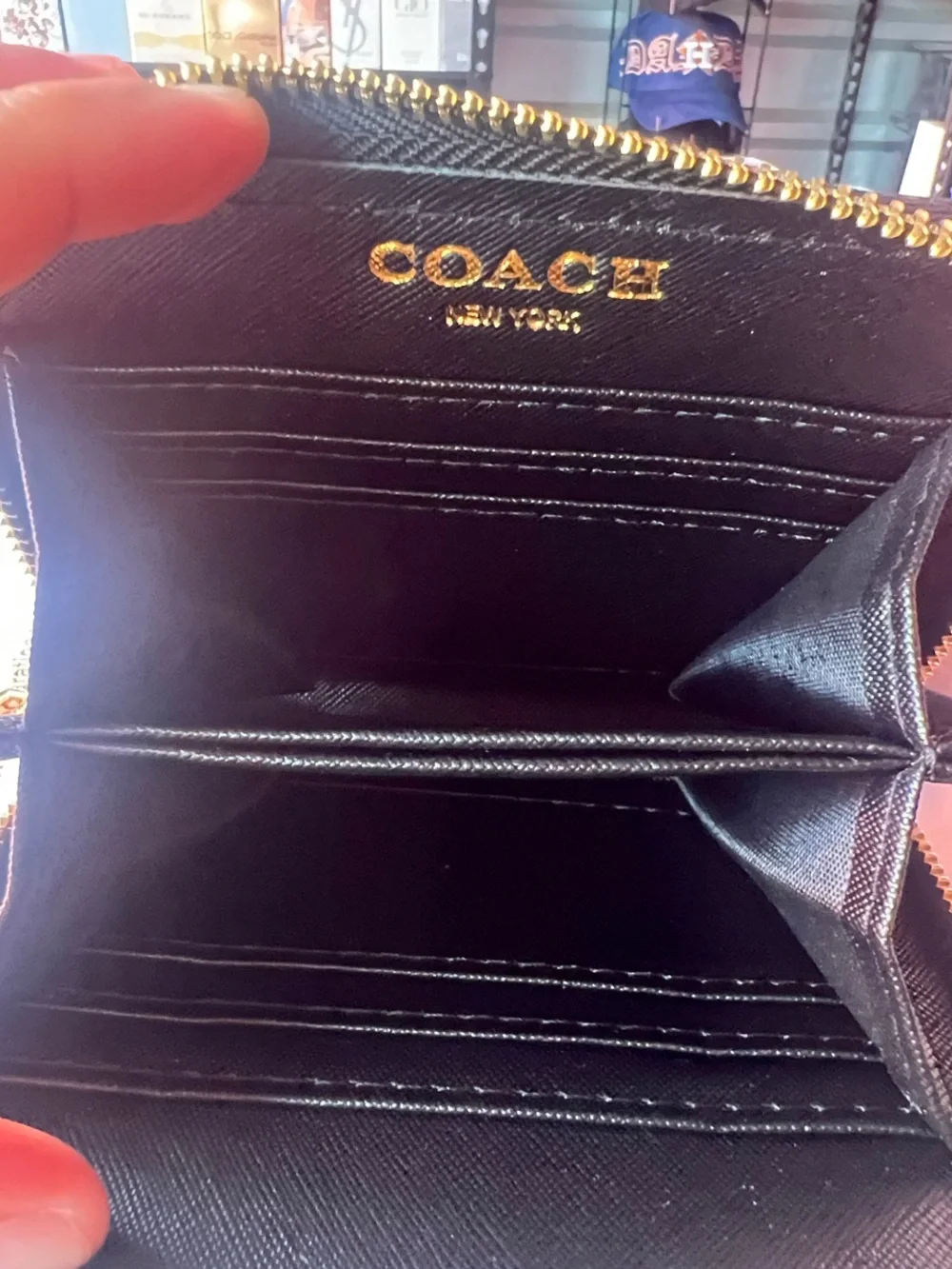 COACH Black Signature Zip Card Holder with Gold Logo